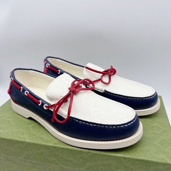 Gucci Riverside Leather Boat Shoe Loafer Moccasin Blue Mens UK 8.5 US 9 $890 - Picture 1 of 12